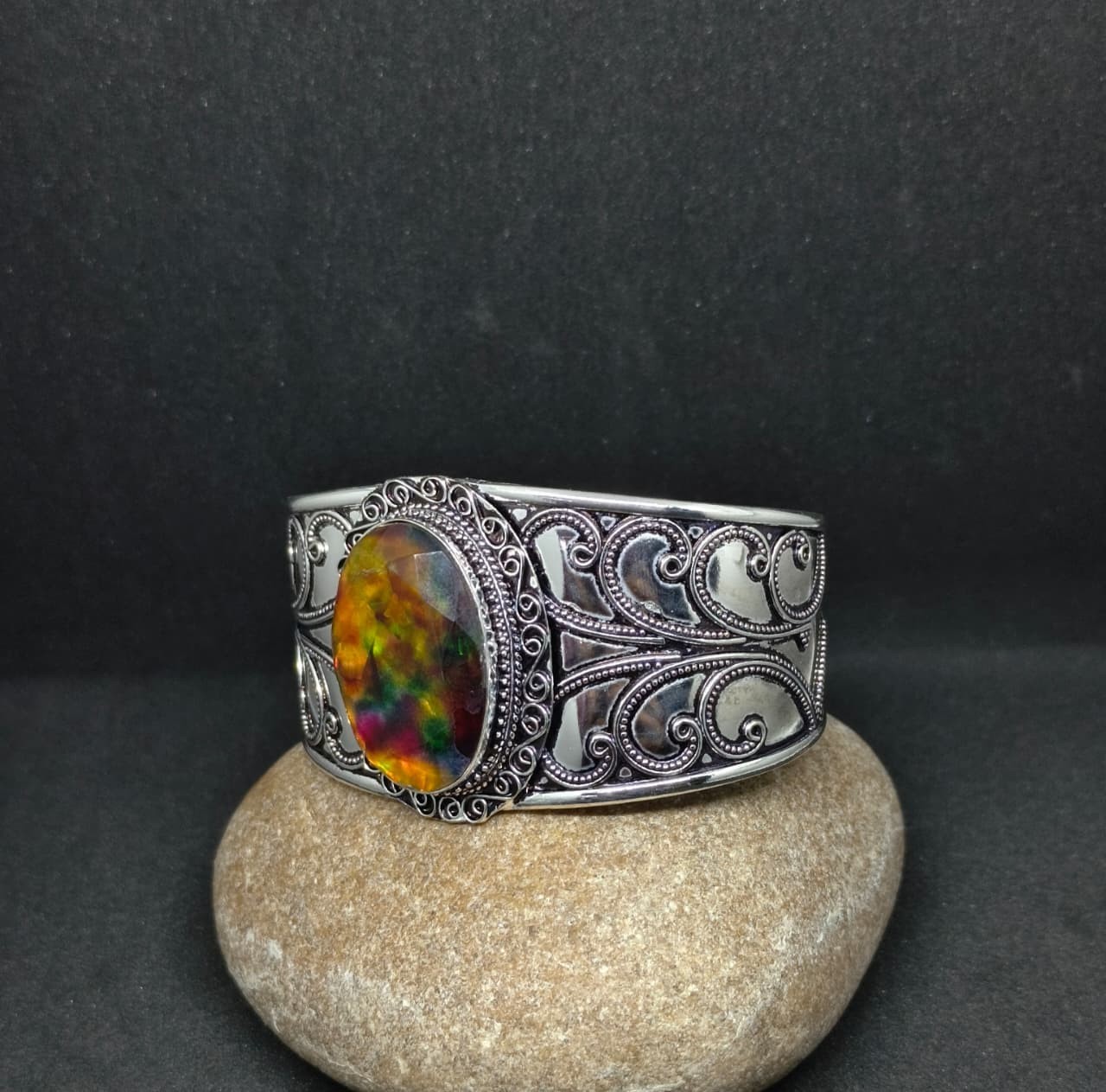 Handmade Ammolite Cuff Bracelet 925 Sterling Silver Bangle