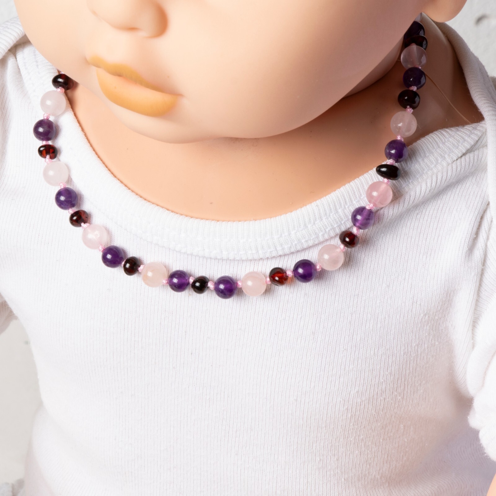 Healing Natural Stone Necklace for Babies – Amber, Rose Quartz, and Amethyst