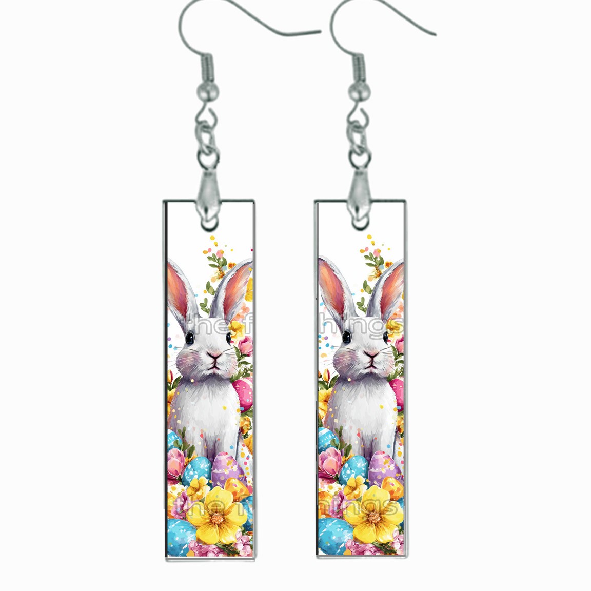 White Bunny Rabbit Dangle Bar Earrings Wood Handmade Easter Jewelry Gifts