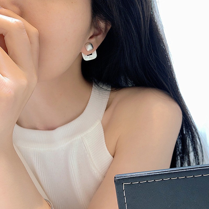 Fashion Detachable Square Matte Frosted Texture Silver Plated Stud Earrings