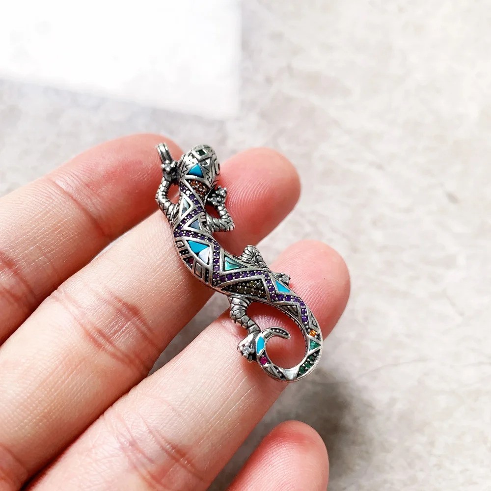 Lizard Multi Color CZ Turquoise Pendant 925 Sterling Silver 1.8 Inch Long