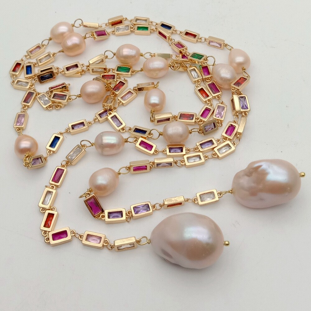 Cultured Pink Keshi Pearl Mixed Color Rectangle Cz Pave Long Chain Necklace 50″