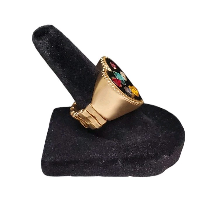 Estate Gold-Tone Black Enamel Multi-Color Glass Stone Heart Stretch Ring Size 7