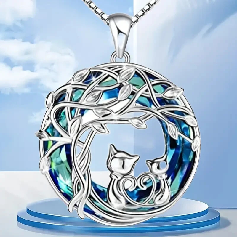 Rainbow Mystical Fire Topaz 925 Sterling Silver Tree Of Life Cat Kitten Necklace