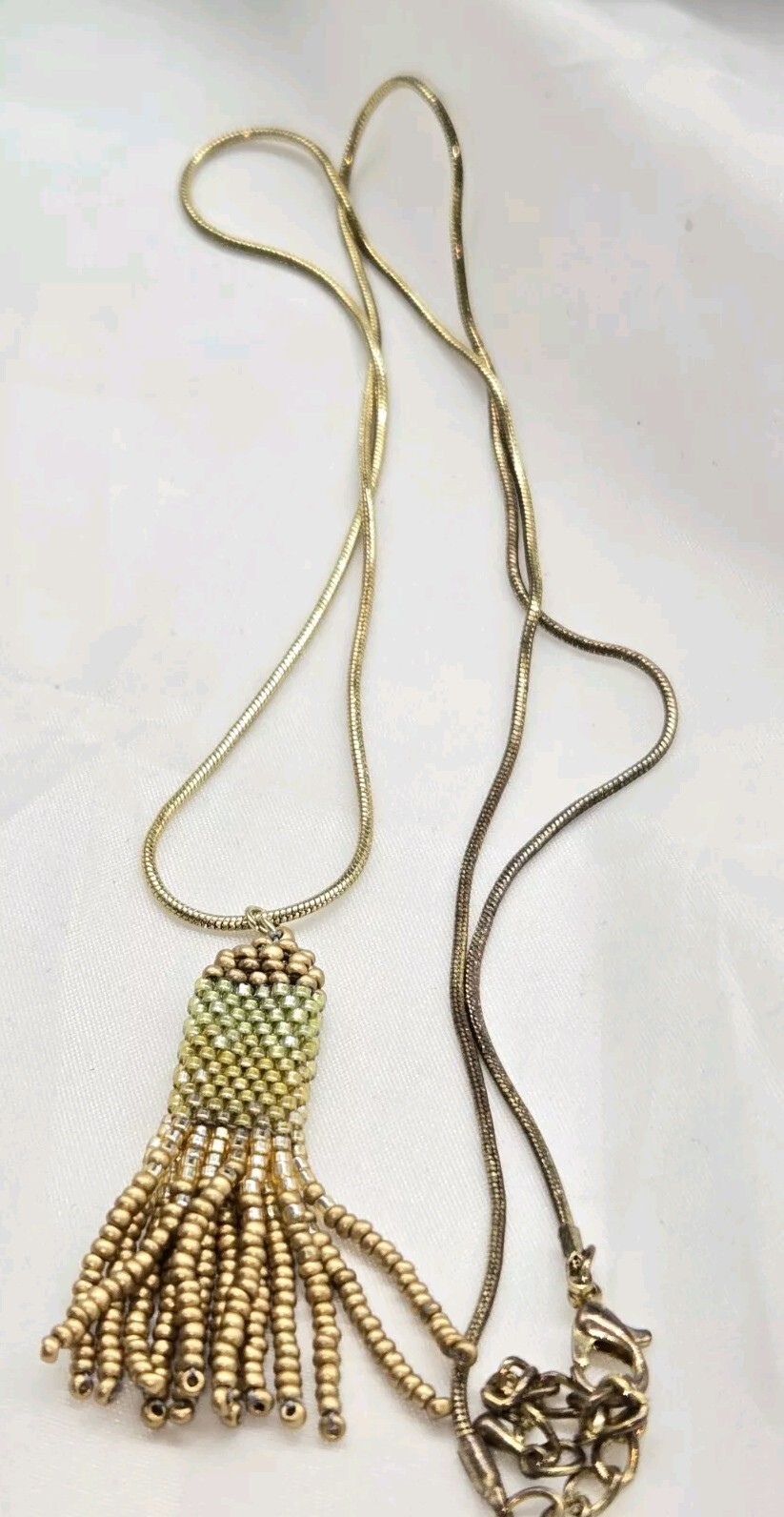 Artisan Made Necklace Seed Bead Tassle Pendant Long Goldtone Adjustable Chain