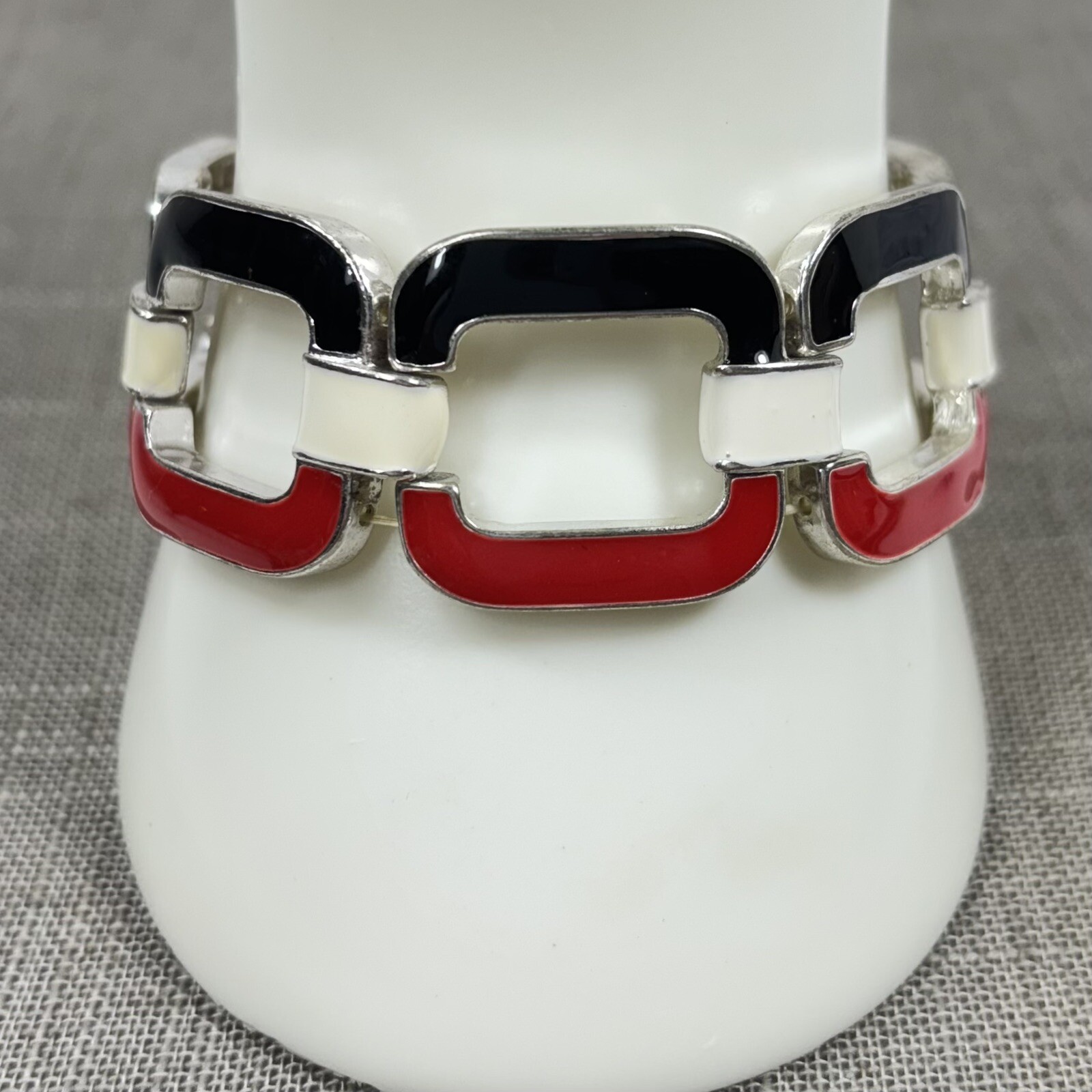 Red White Black Enamel Silver Tone Stretch Bracelet Metal C-Links Size 7