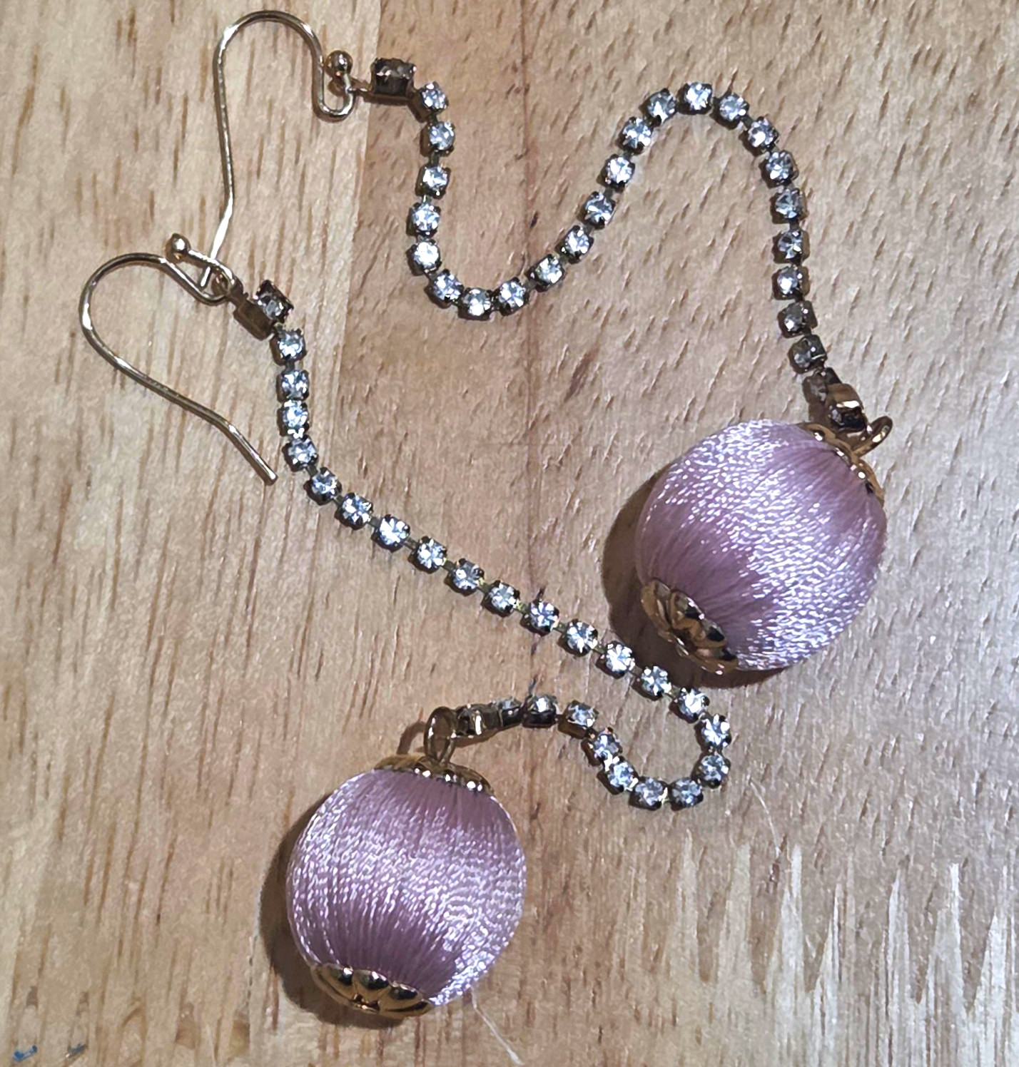 Pink & Silver Thread Round Bead Rhinestone Chain Dangle Hook Earrings 5 in