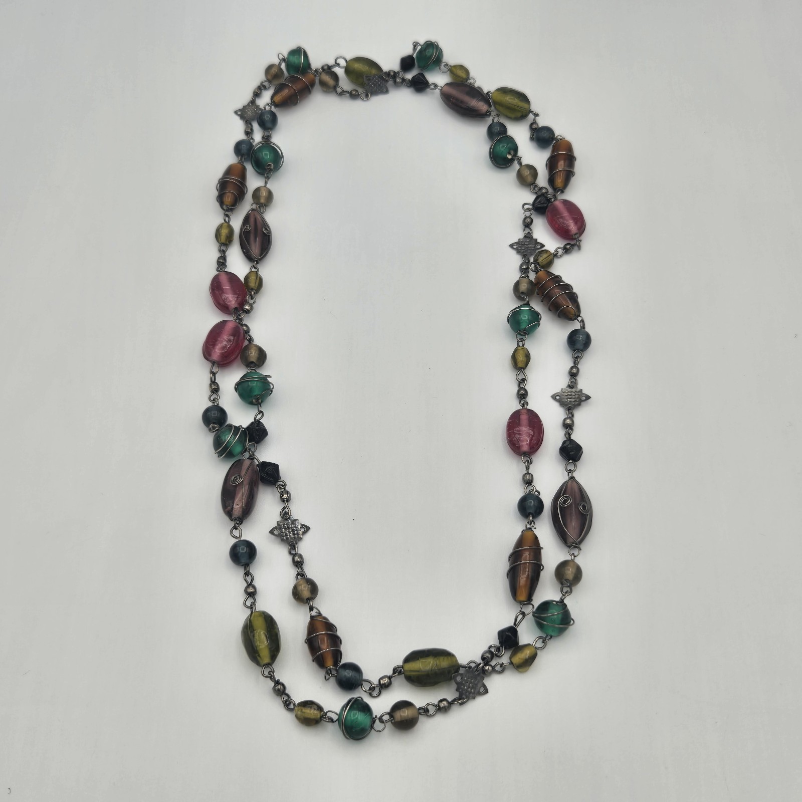 Boho Multicolor Beaded Necklace Long Wire Wrapped Glass Bead Statement Jewelry