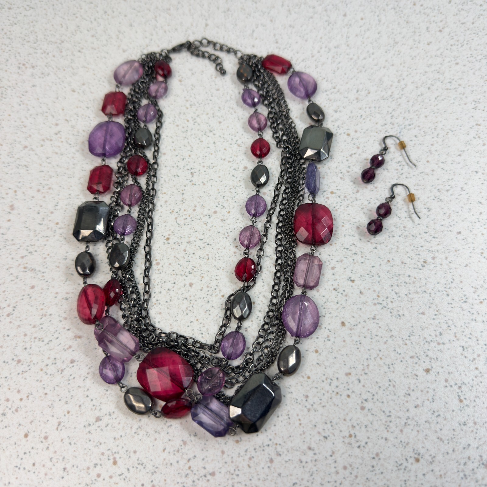 Pink Purple Gunmetal Gray Faceted Bead Multi Strand Necklace Earring Set