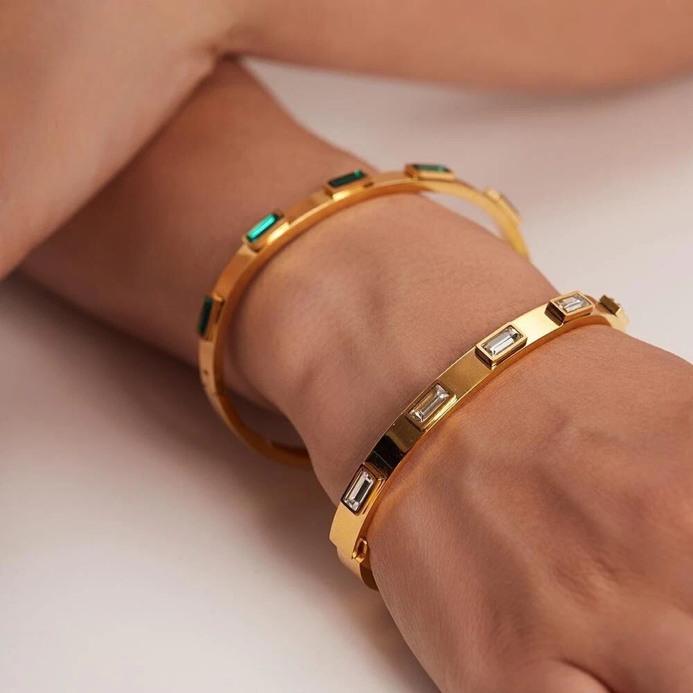 Woman Gold Plated Stainless Steel Square Cubic Zircon Cuff Bracelet Bangle