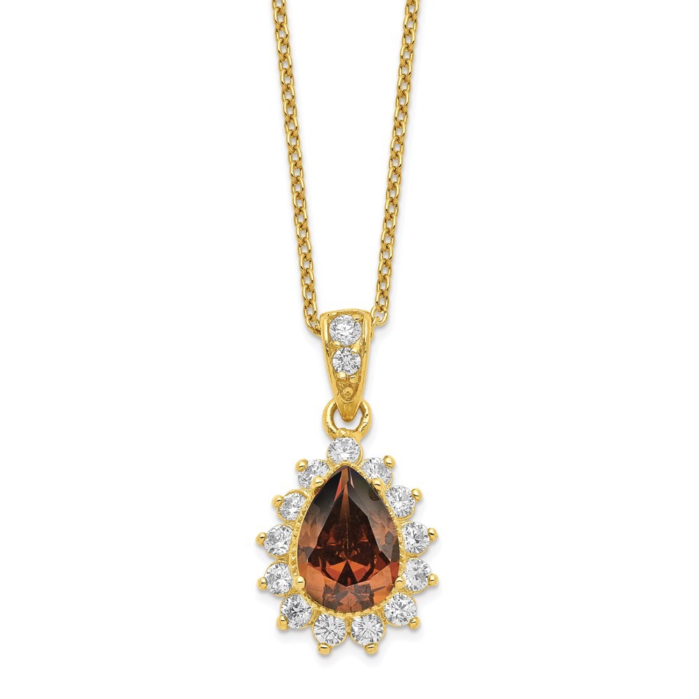 Sterling Silver Gold-plated Brown and White CZ Teardrop Necklace 18.5 Inch