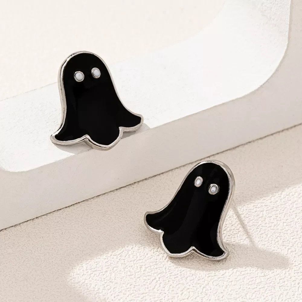 Halloween Ghost Stud Earrings Set 2 Pairs Black White Enamel Silver-Tone