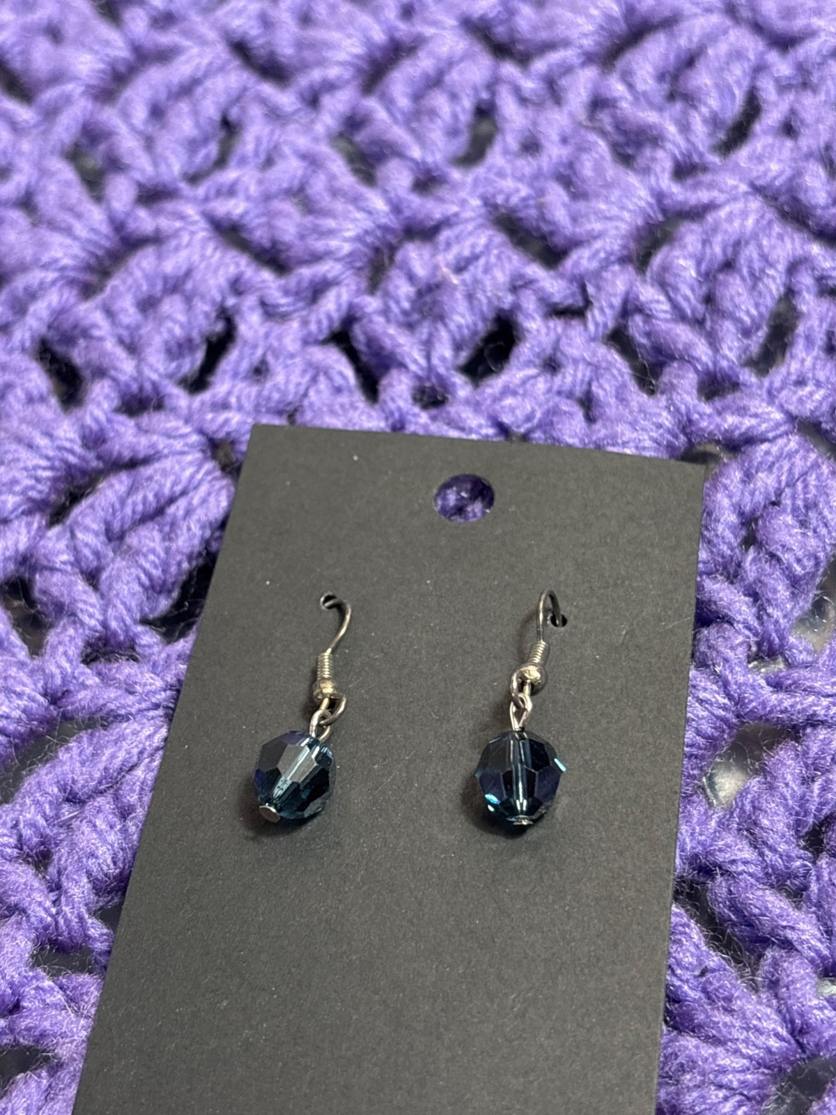 Blue Faceted Glass Bead Dangle Earrings Silvertone Hooks 3/8 inch