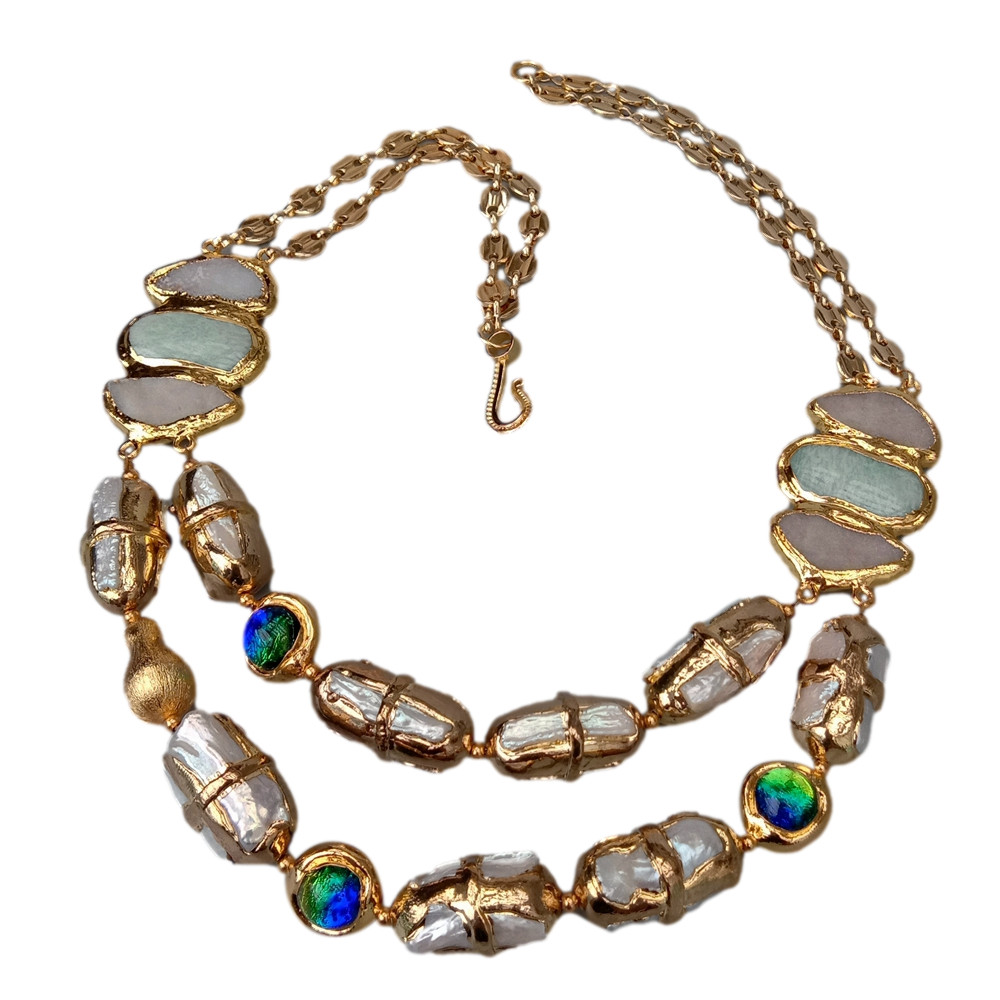 2 Rows Cultured Freshwater Biwa Pearl Amazonite Druzy Murano Glass Necklace 21″