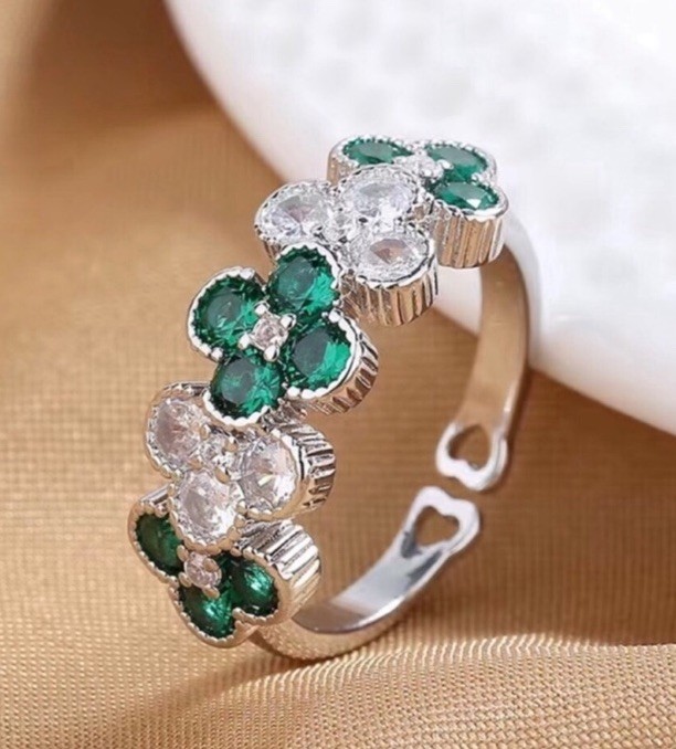 Women Synthetic Zircon Green Clover Open Ring Four-leaf Lucky Shamrock Size 6