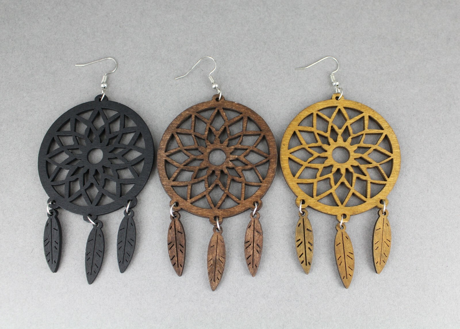 Dark Brown wood dream catcher feather earrings big lightweight leaf 4.25″ long