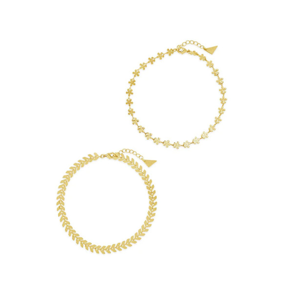 Sterling Forever – Floral Anklet Duo Set – Gold Tone