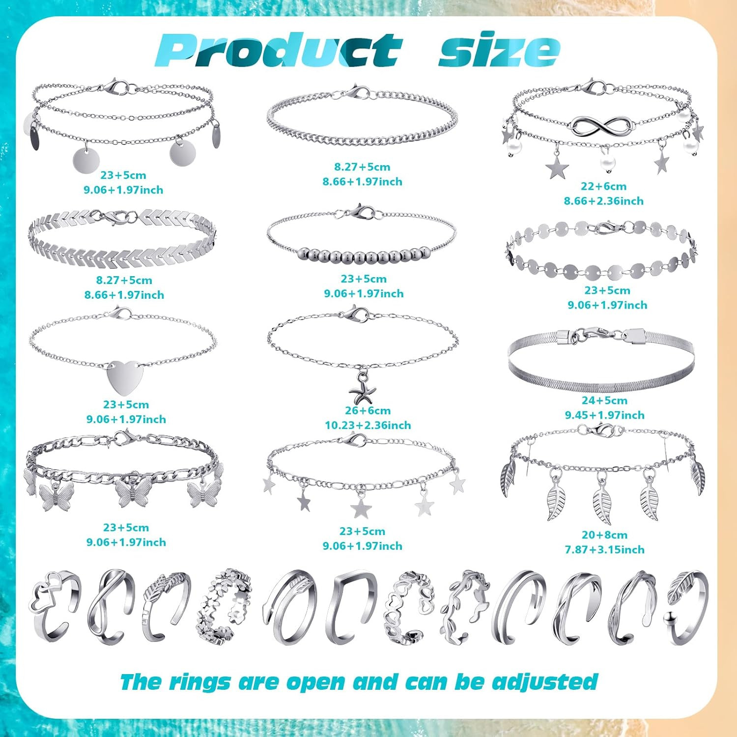 24 Pcs Anklet and Toe Ring Set for Women Girl Silver Gold Layered An…