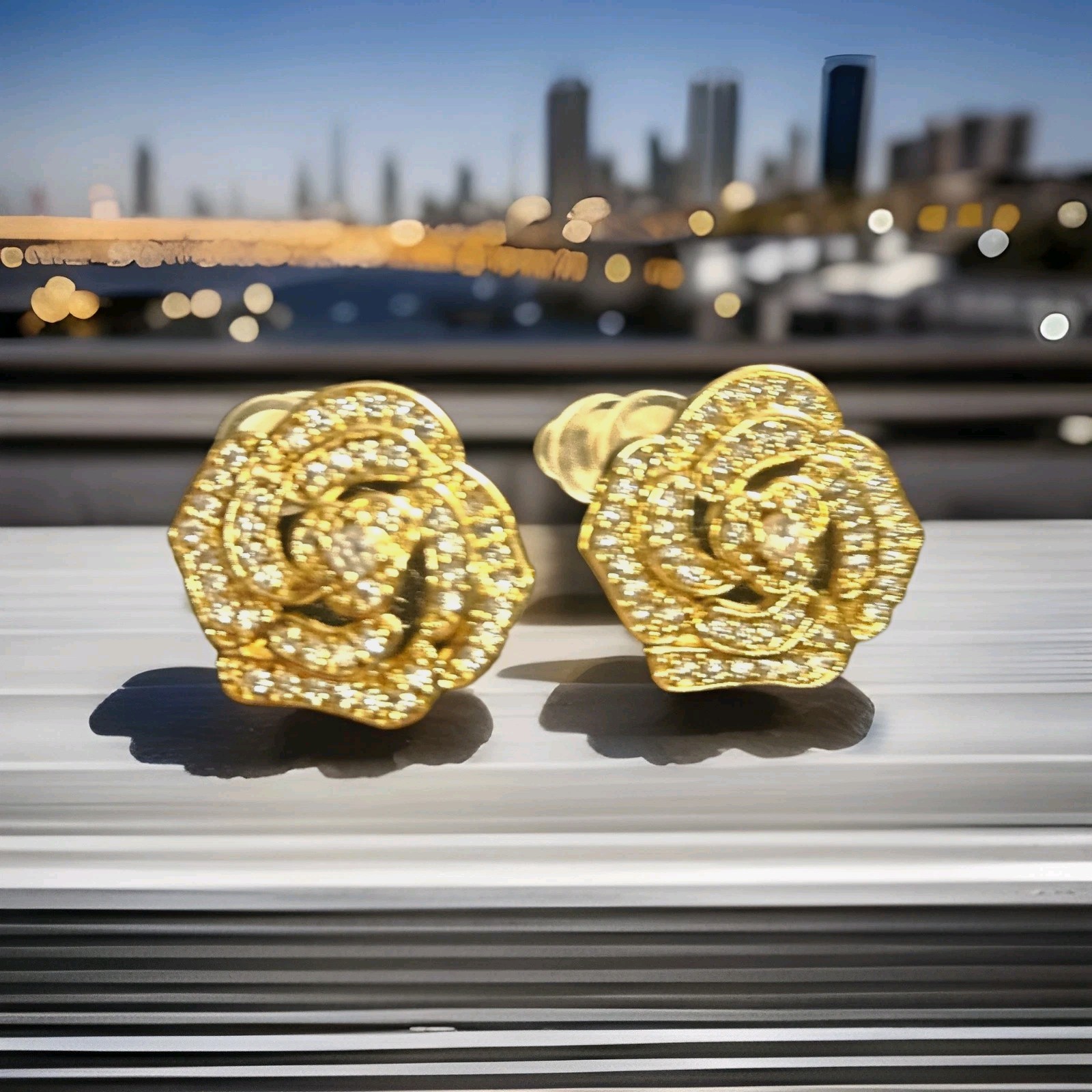 Golden Silver Plated Rose Shaped Stud Earrings with White Synthetic Zircon Gems
