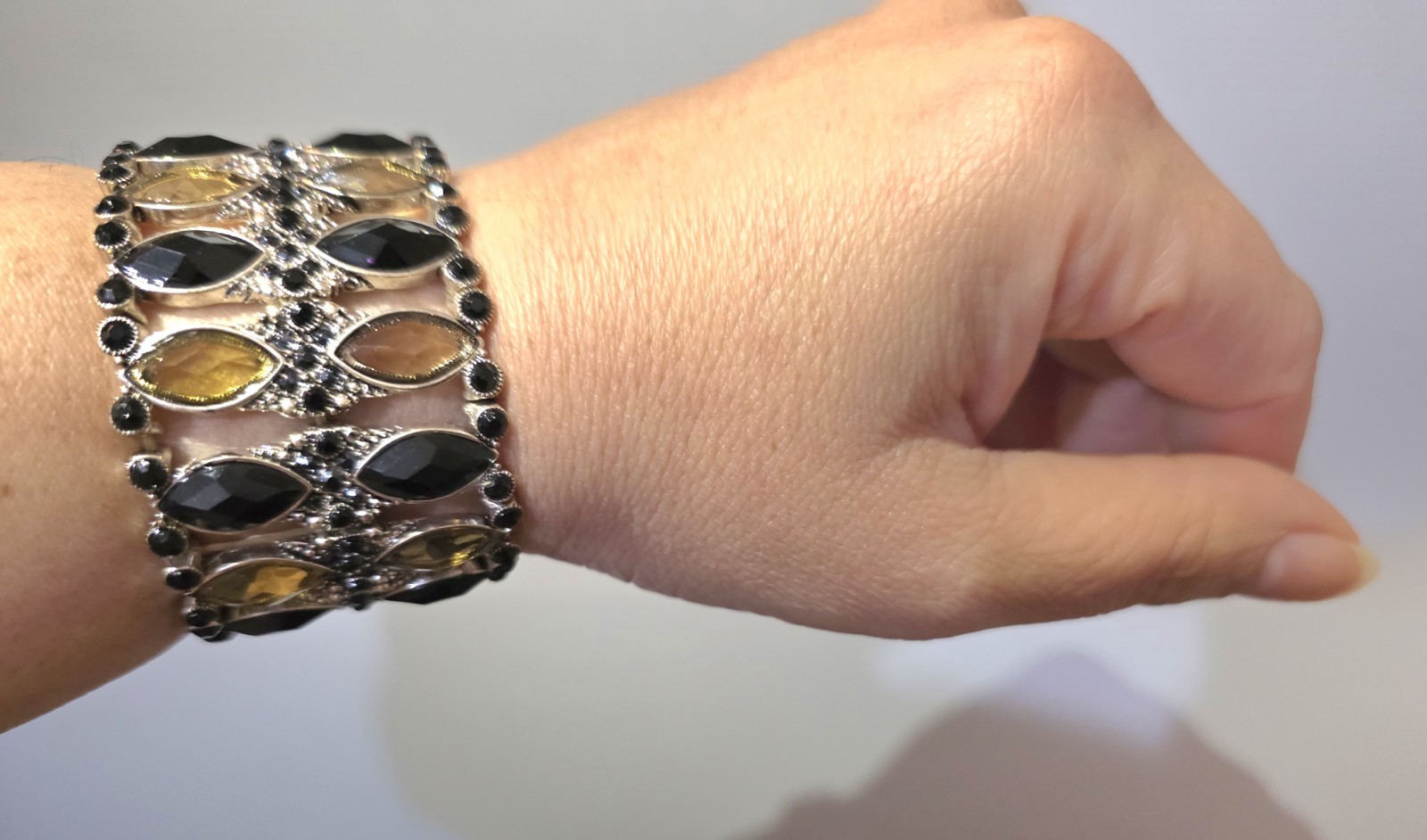 Silver Tone Stretch Bracelet Black Crystal Amber Statement Wide Cuff