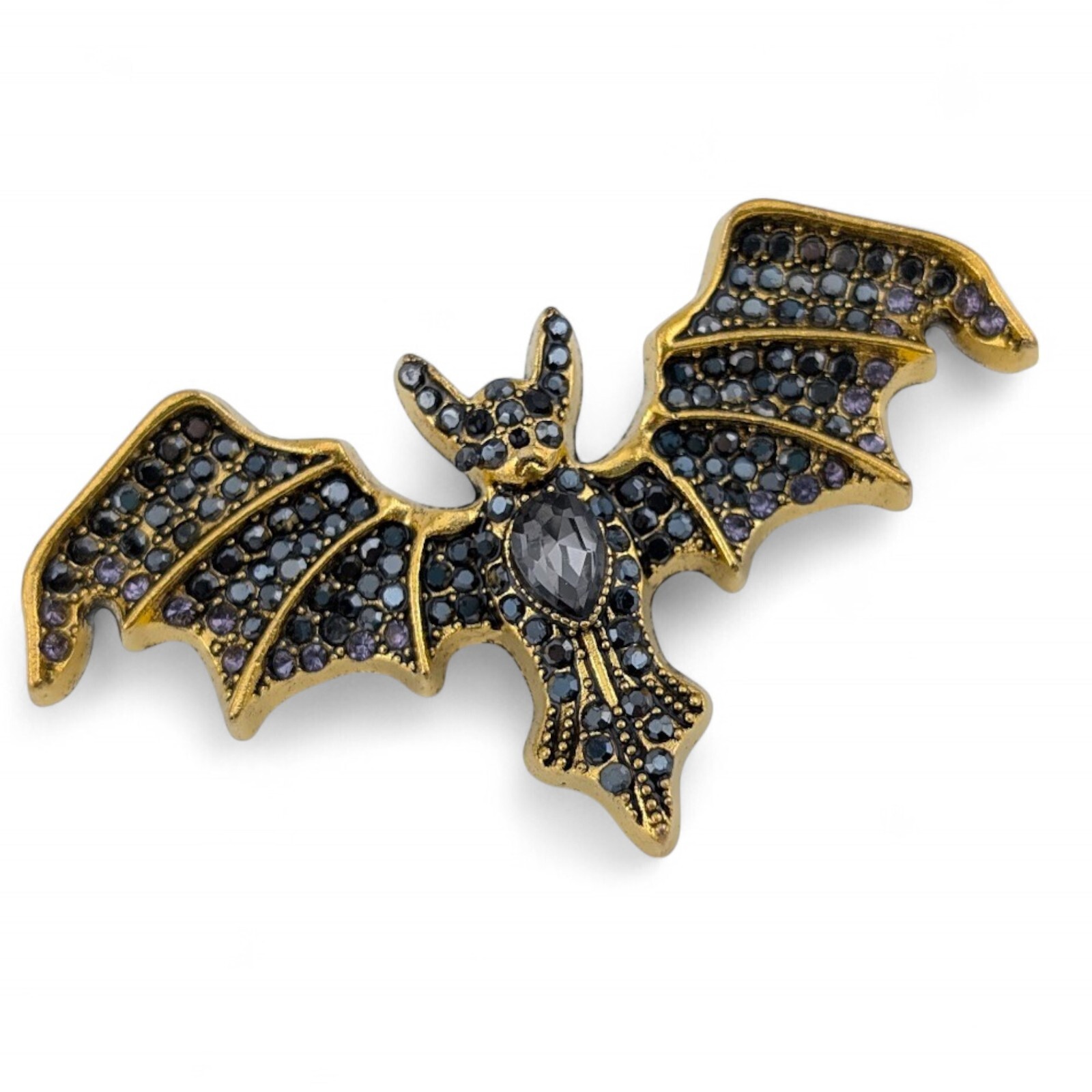 GOLDTONE & GRAY VAMPIRE BAT BROOCH little glass crystal halloween pin gothic C4