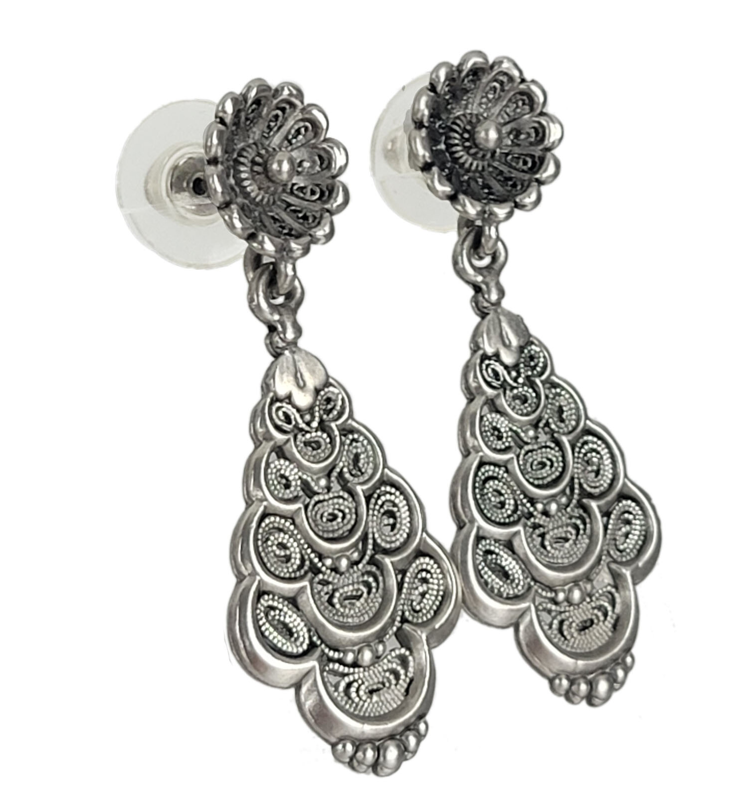 Avante Silver Tone Filigree Textured Dangle Earrings Pierced 2 1/8″ Made in USA