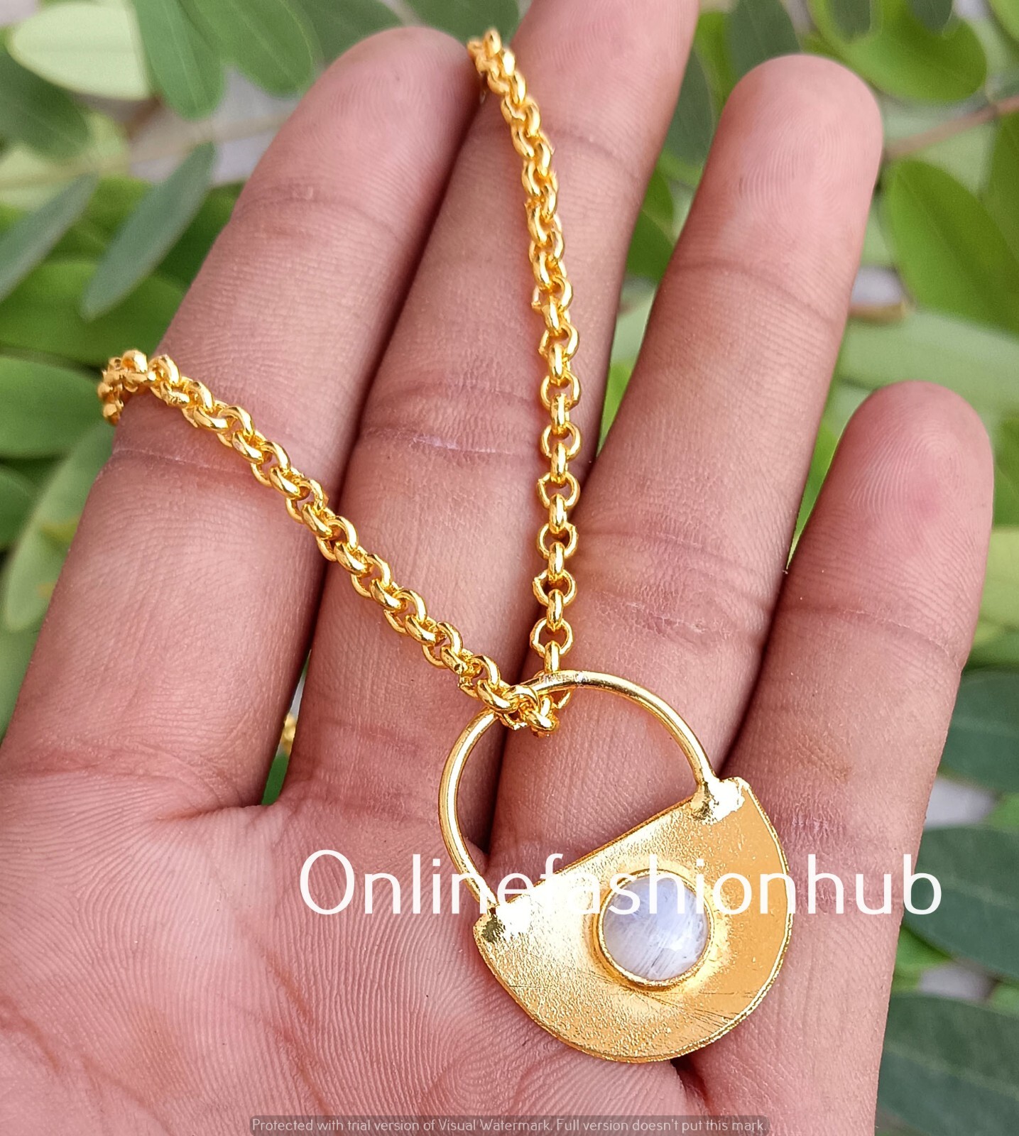 Attractive Moonstone Gemstone Yellow Gold Plated Lock 1PC Pendant With Chain