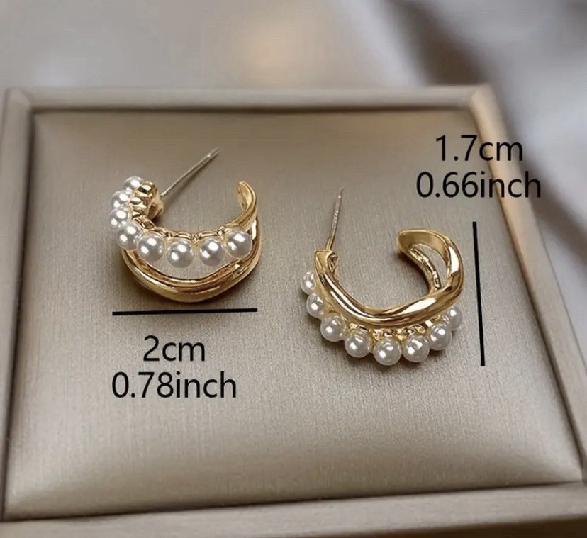 Elegant Double Layer C-Shaped Stud Earrings Simulated Pearls Gold Tone Jewelry