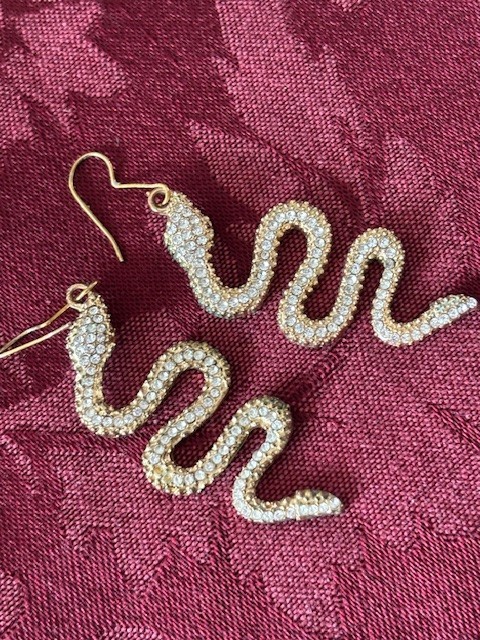 2 Pair Dangling Snake Earrings: Gold Color Metal Rhinestone & Mythology Tribal