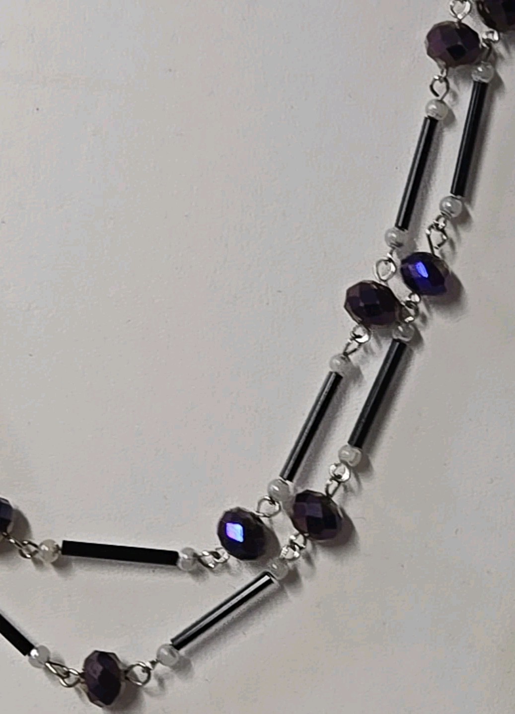 Faceted AB Rhinestone Purple Reflective Glass Black Bar Link Flapper Faux Pearls
