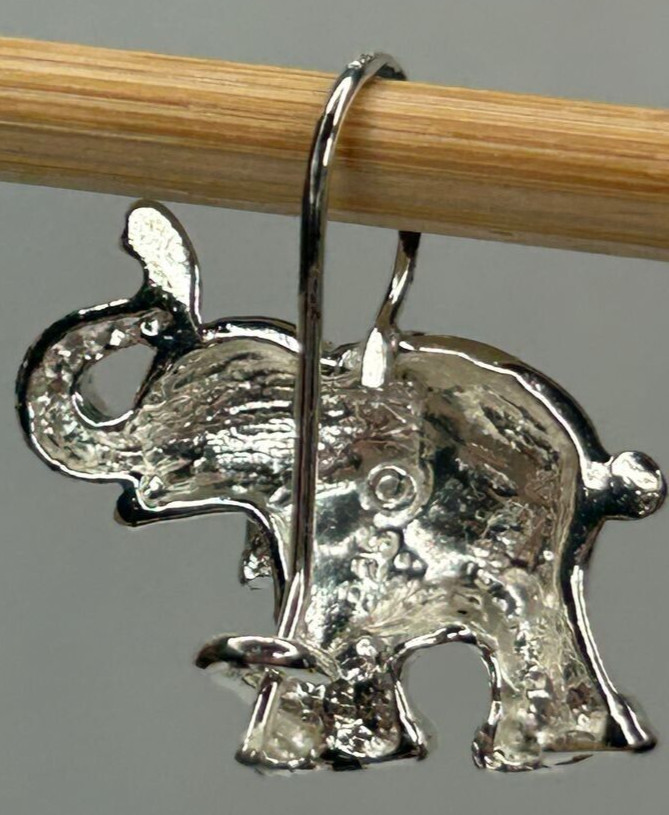 925 Elephant Earrings 0.75in Drop Silver Tone French Wire Detailed Trunk Up