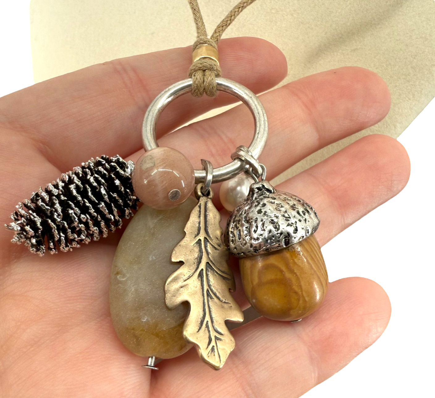 J. Jill Autumn Charm Necklace Pinecone Acorn Leaf Adjustable Fall Boho Cottage