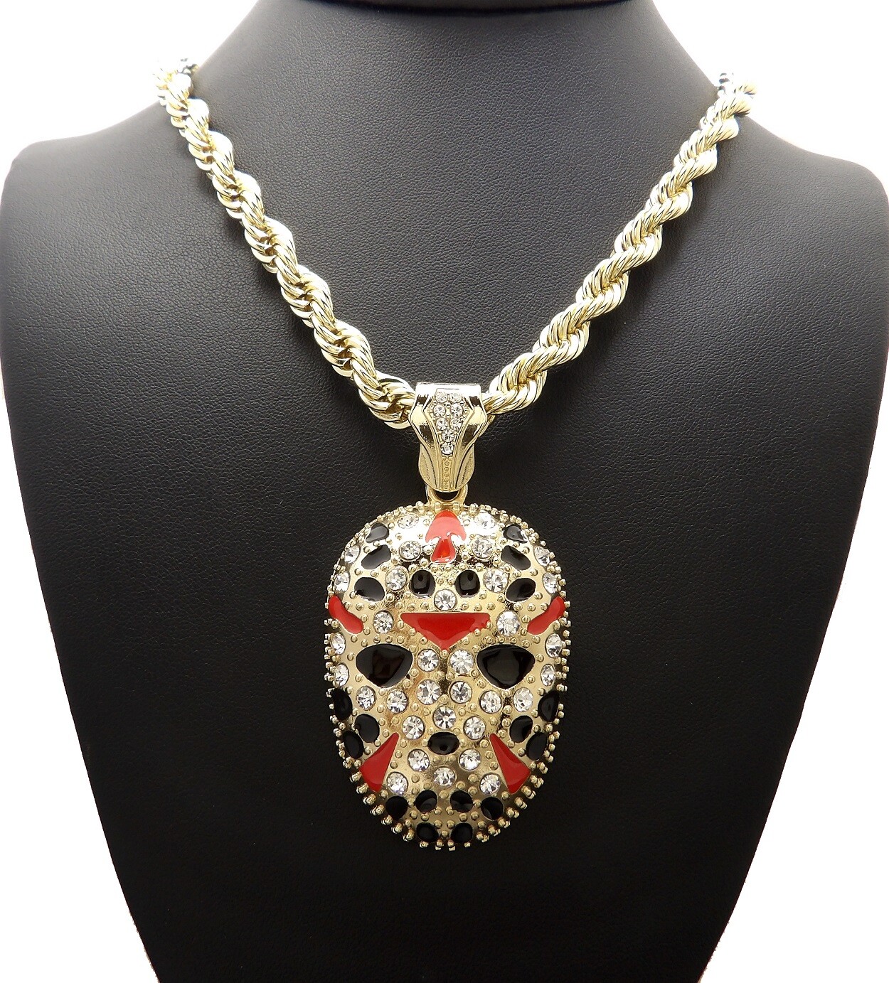ICED JASON HOKEY MASK PENDANT & 8mm 18″ 20″ 24″ 30″ ROPE CHAIN HIP HOP NECKLACE
