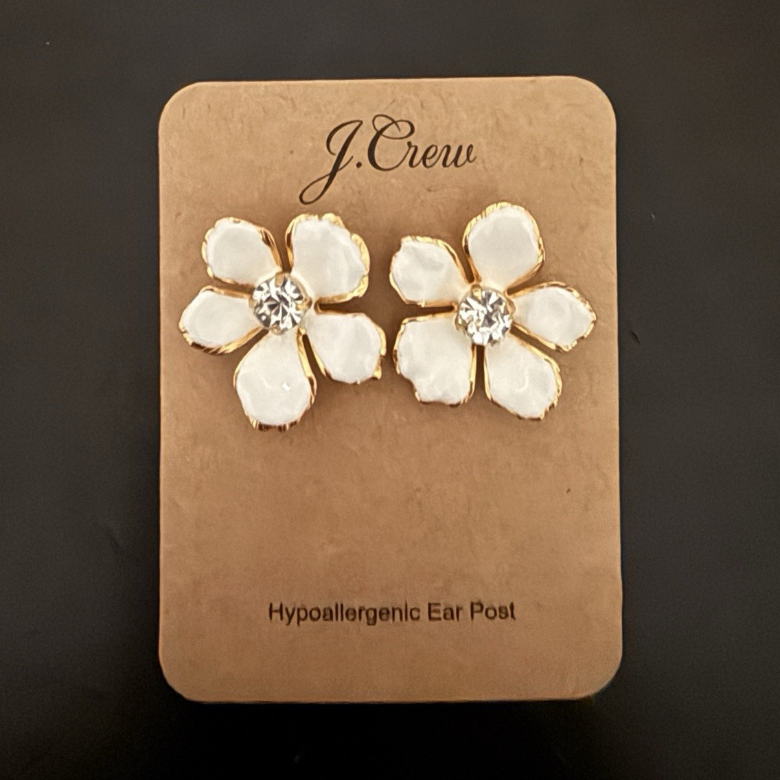 J.Crew Hypoallergenic Flower Stud Earrings Clear Crystal White Gold Tone