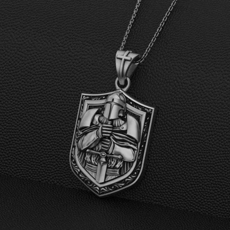 Knight Shield Necklace Crusader Warrior Jewelry Vintage Silvery Pendant Amulet