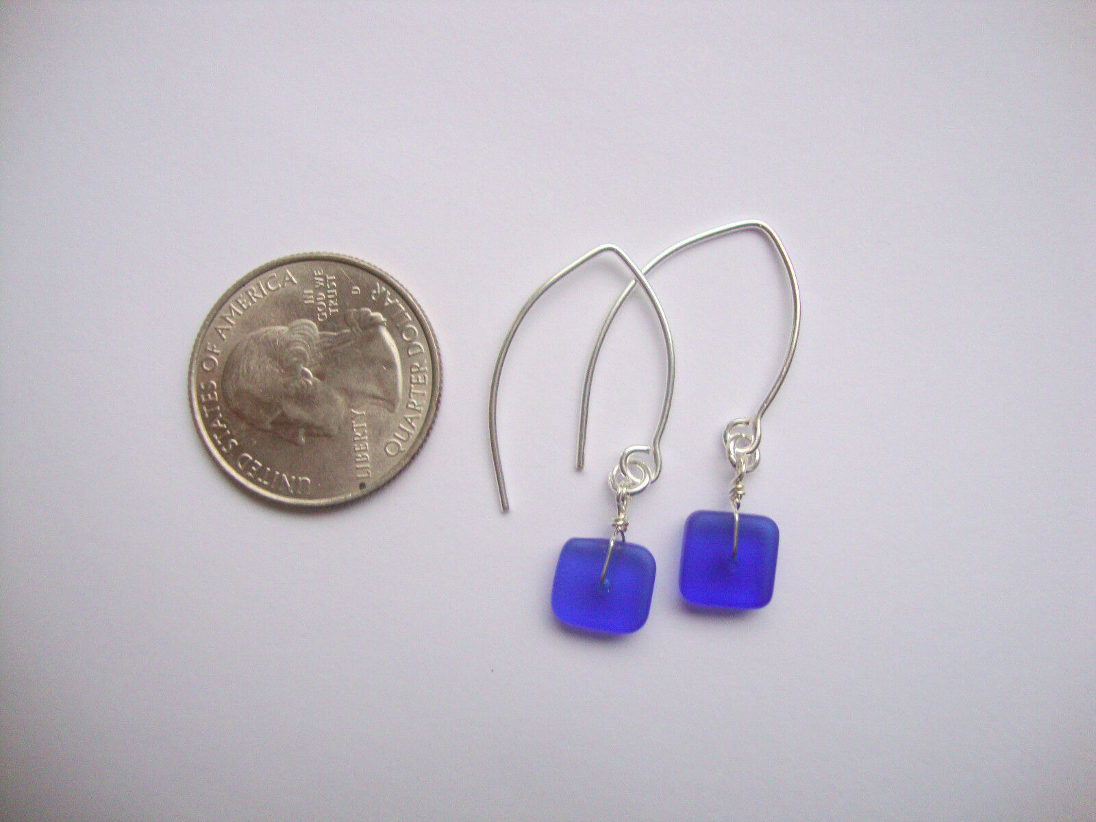 Flat, Forward-Facing, Dainty Frosted Sea Glass Silver Marquise Style Earrings