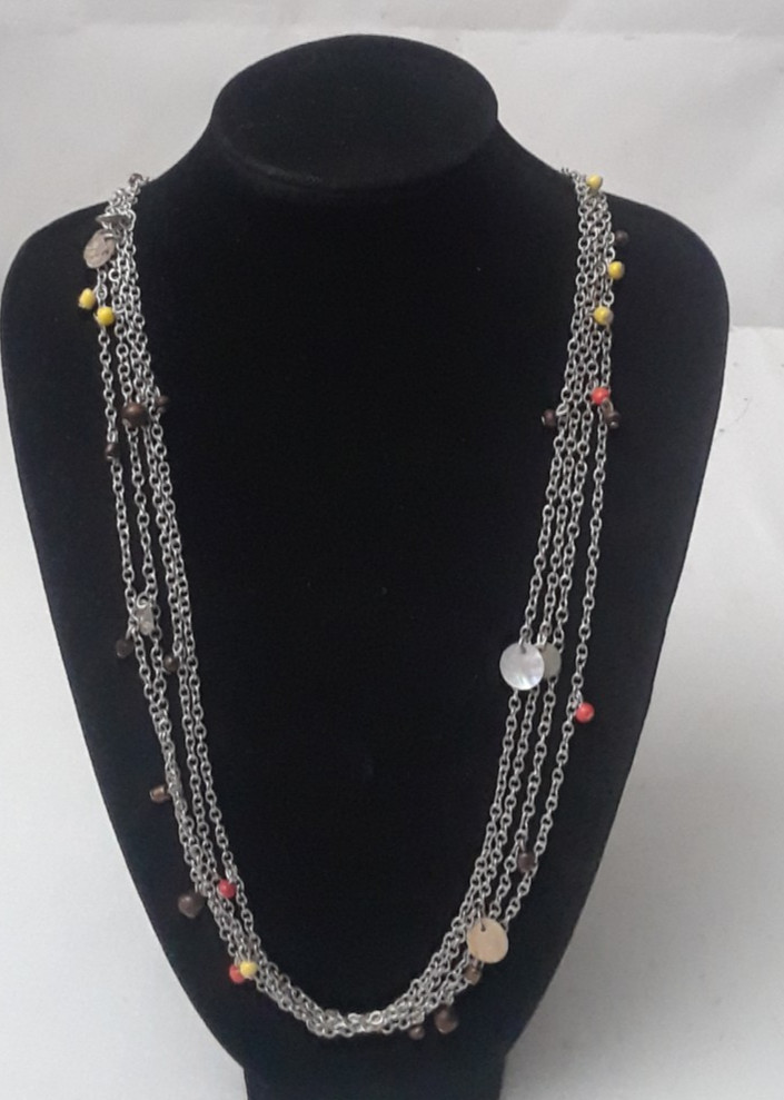 Three Strand Silver Tone Chain Beaded Necklace 34 in