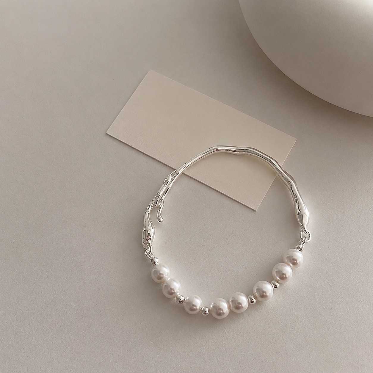 Pearl Open Cuff Bracelet Irregular Wave Bangle Asymmetrical Pearl Bracelet 008