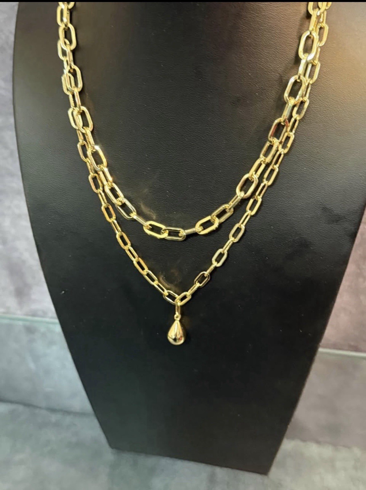 None tarnish none fade Layered Oval Link Chain Teardrop Charm Necklace Lobster