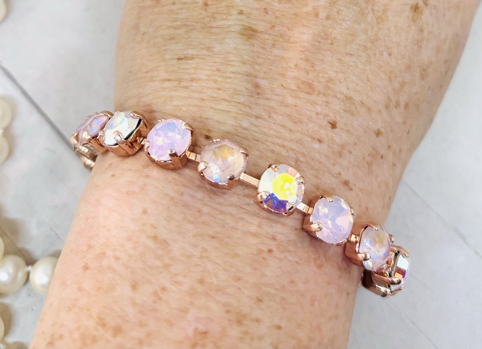Rose Gold Plated Light Pink Dusty Rose Crystal Cup Chain Tennis Bracelet