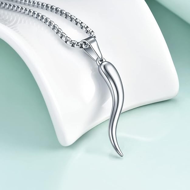 Italian Horn Necklace Stainless Steel Cornicello Horn Amulet Charm Pendant Box