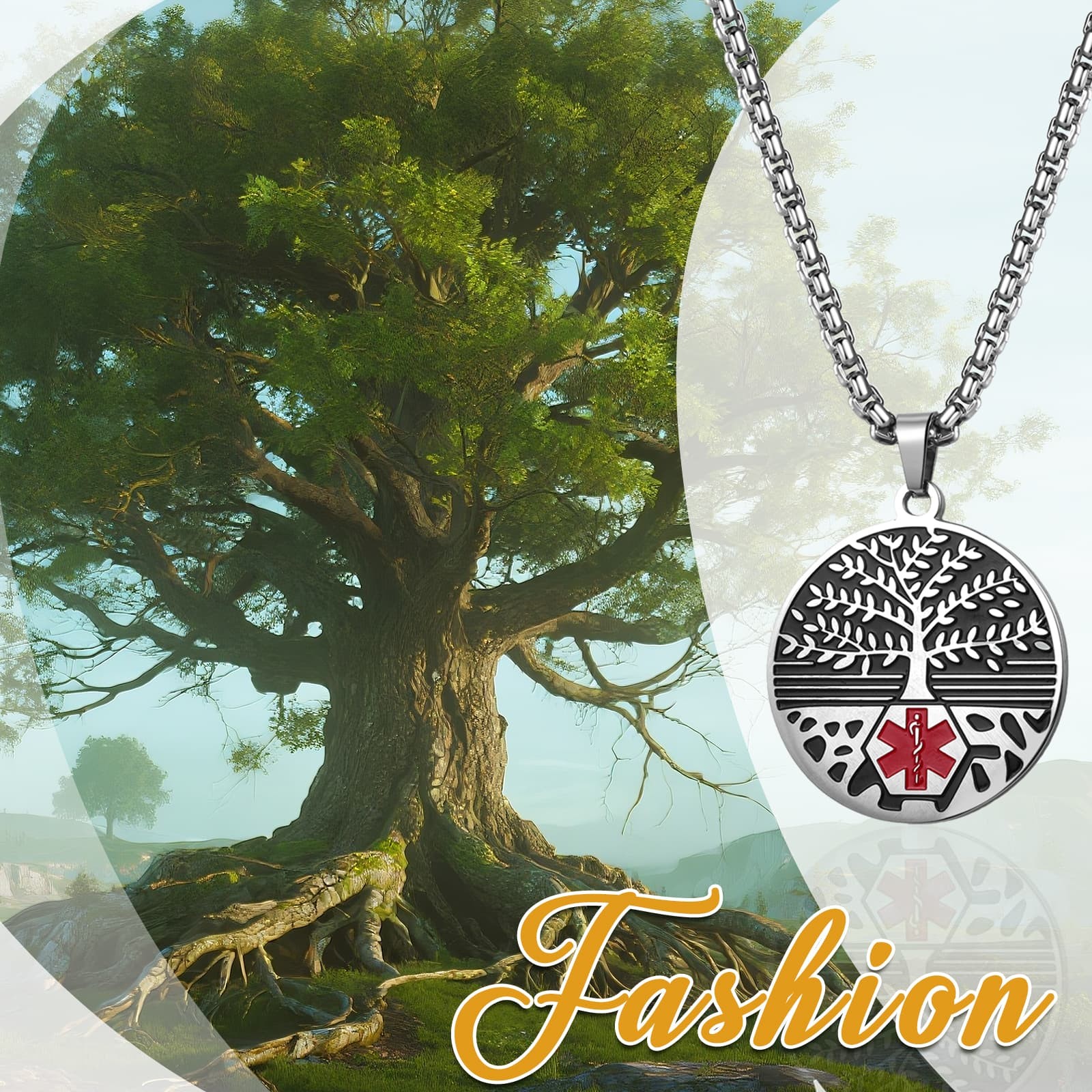 Unisex Emergency Medical Alert Tree of Life Pendant Stainless Steel Necklace