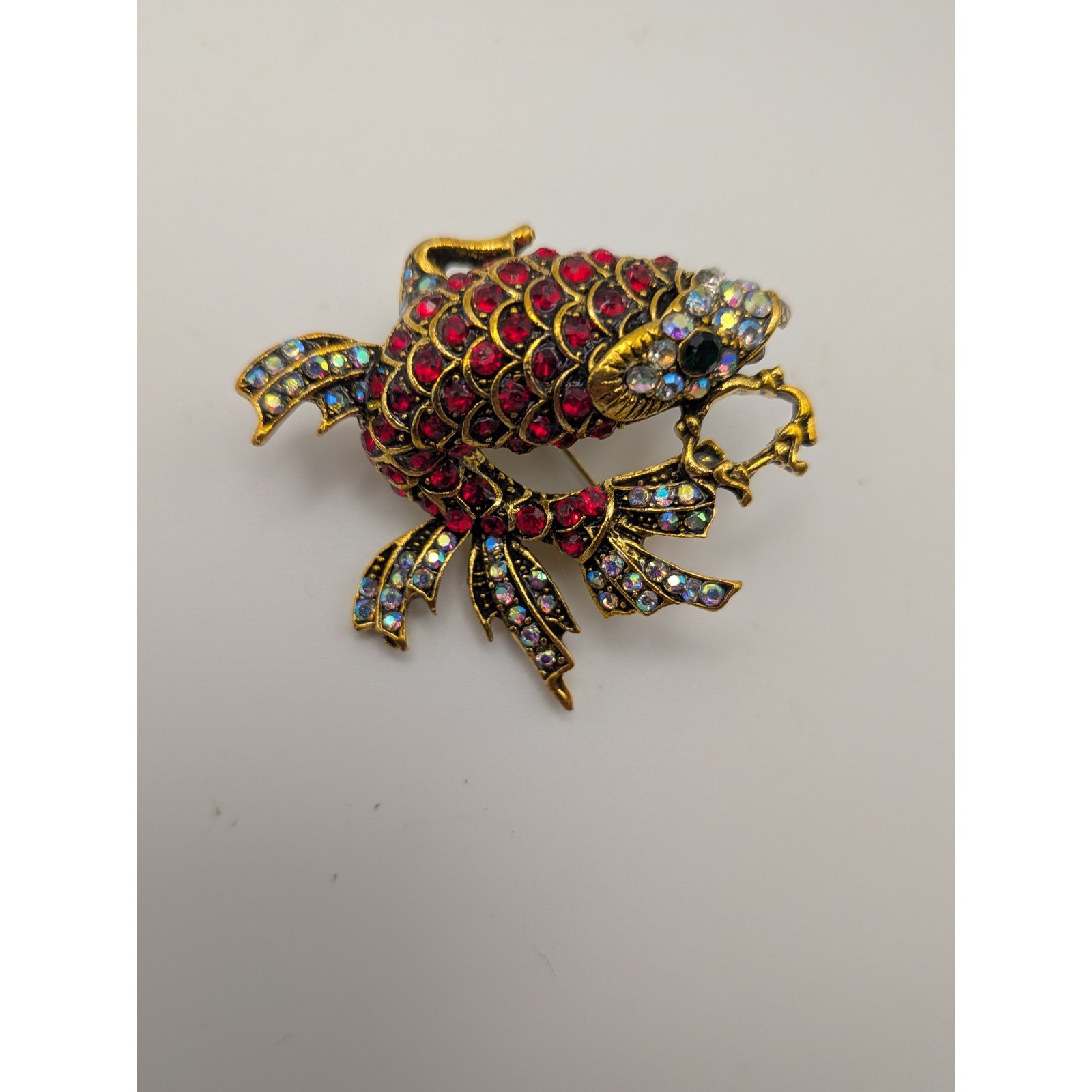 Vintage Style Koi Fish Brooch Red Aurora Borealis Rhinestone Gold Tone Statement