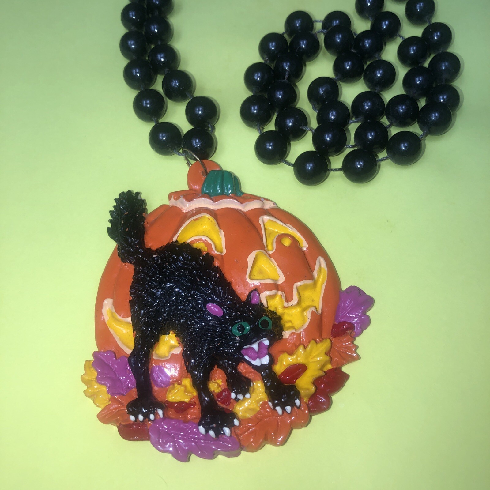 Halloween Necklace Black Cat Jack O Lantern by BBD 3” diameter 20” Drop