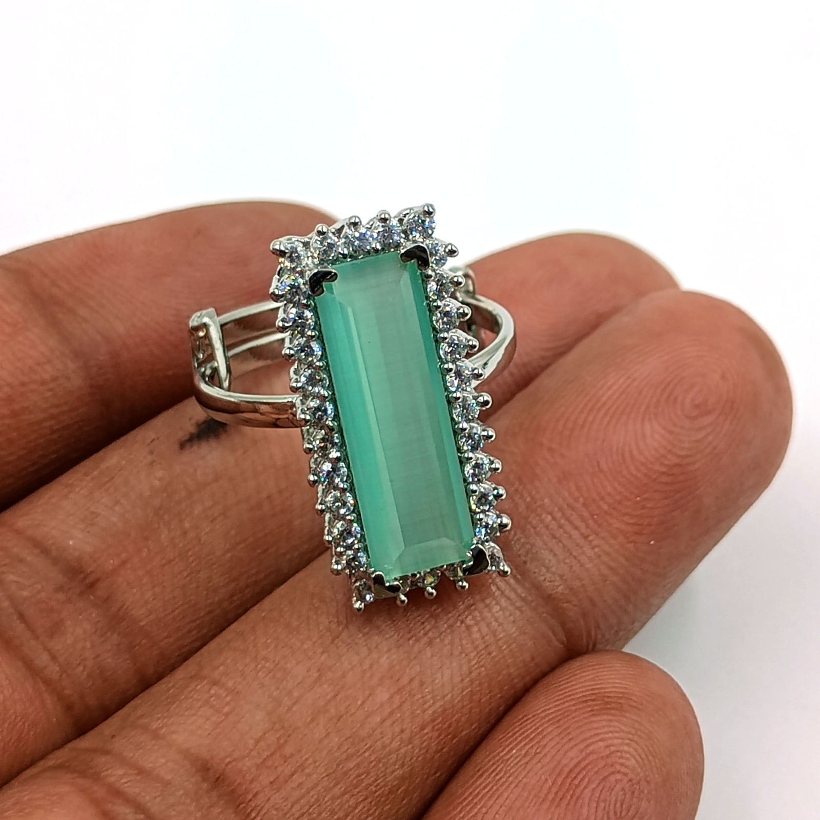 Elegant Aqua Chalcedony CZ Cocktail Ring Adjustable White Plated Boho Jewelry
