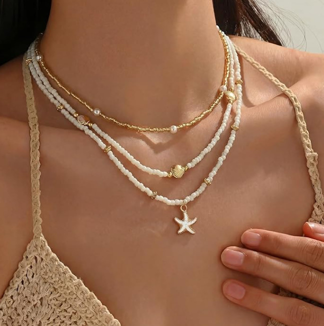 Starfish Necklace for Women, 14K Gold-Plated Boho Layered Beaded Charm Necklace,