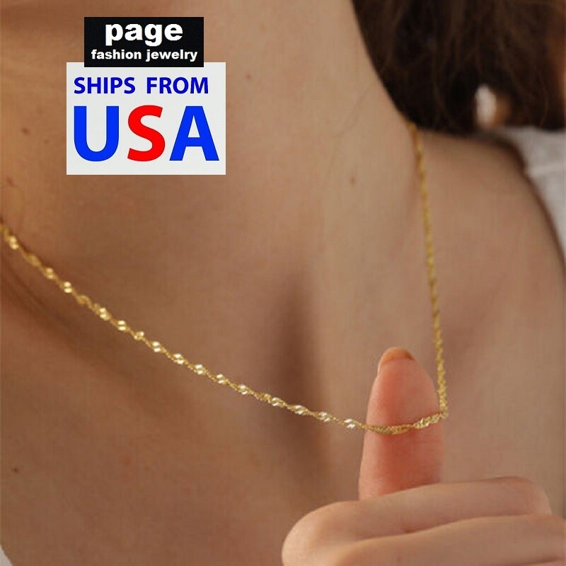 Women’s Girl’s 18″ Water Wave 2mm Chain Necklace 18K Yellow Gold Filled Jewelry