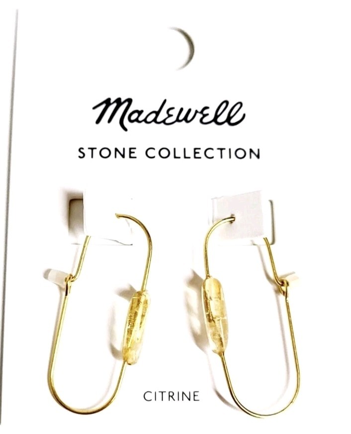Madewell Stone Collection Medium Drop Hoop Earrings in Citrine Gold Plated New