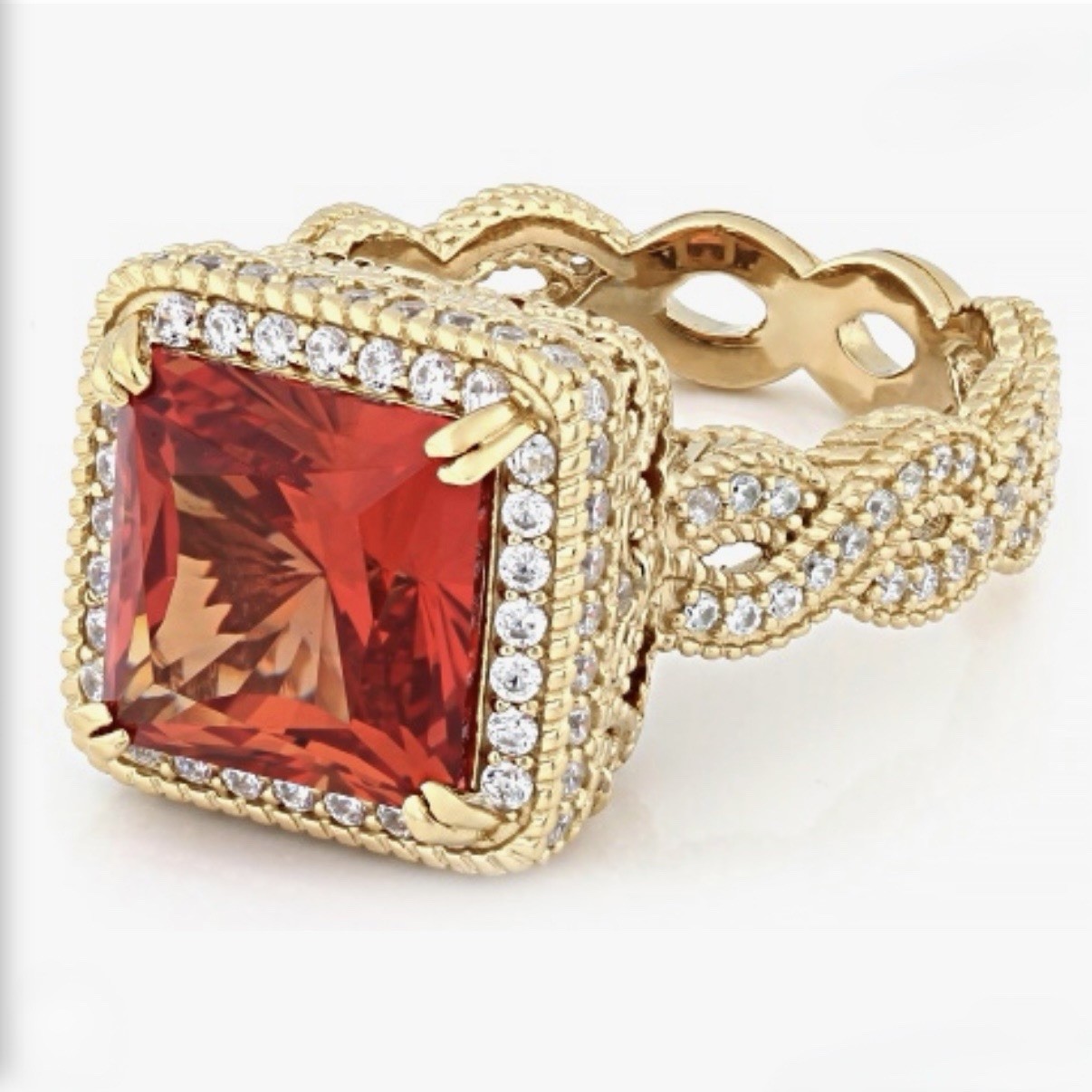 Judith Ripka Padparadscha Sapphire & CZ Cocktail Ring In 14K Gold Clad Size 6
