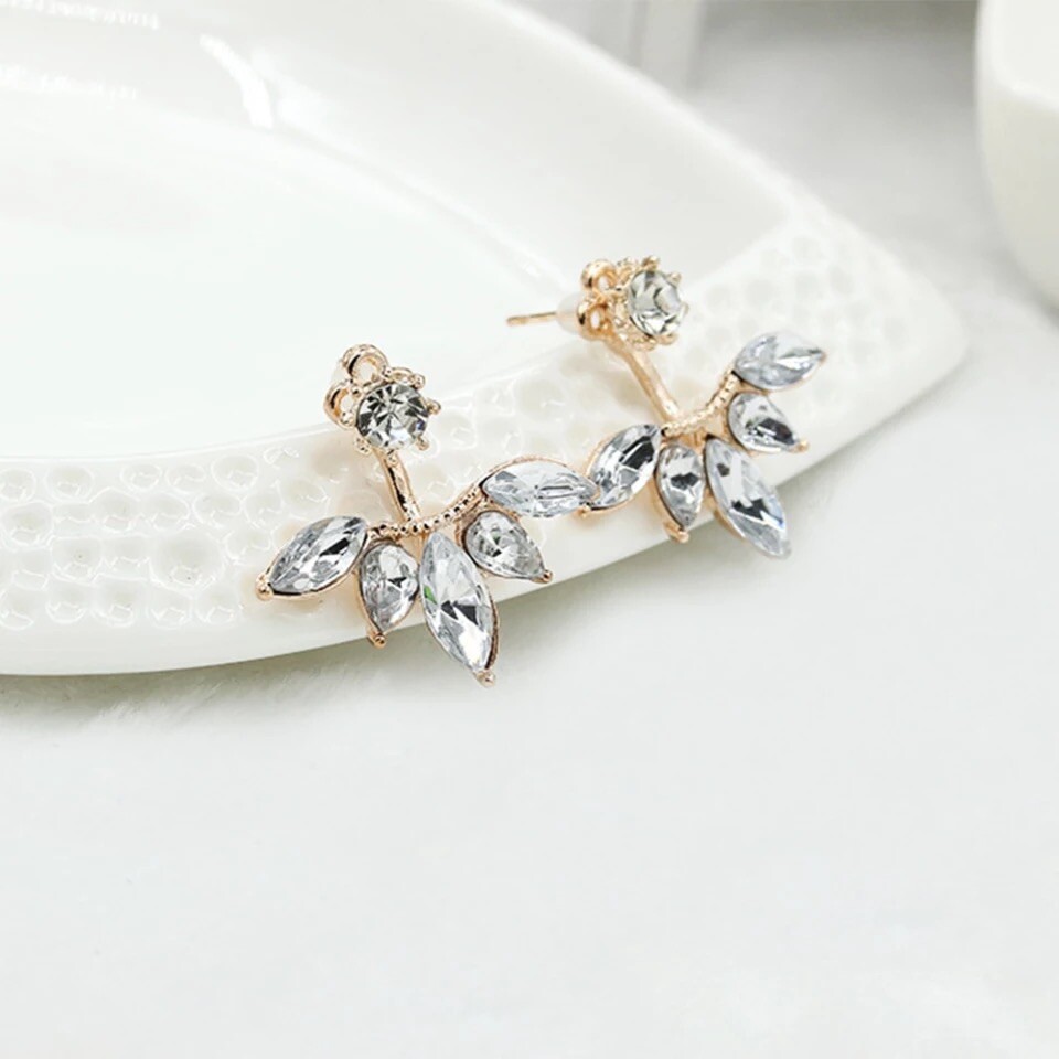 Ear Jackets Earrings Front Back Crystal Flower Gold Tone Fashion Jewelry